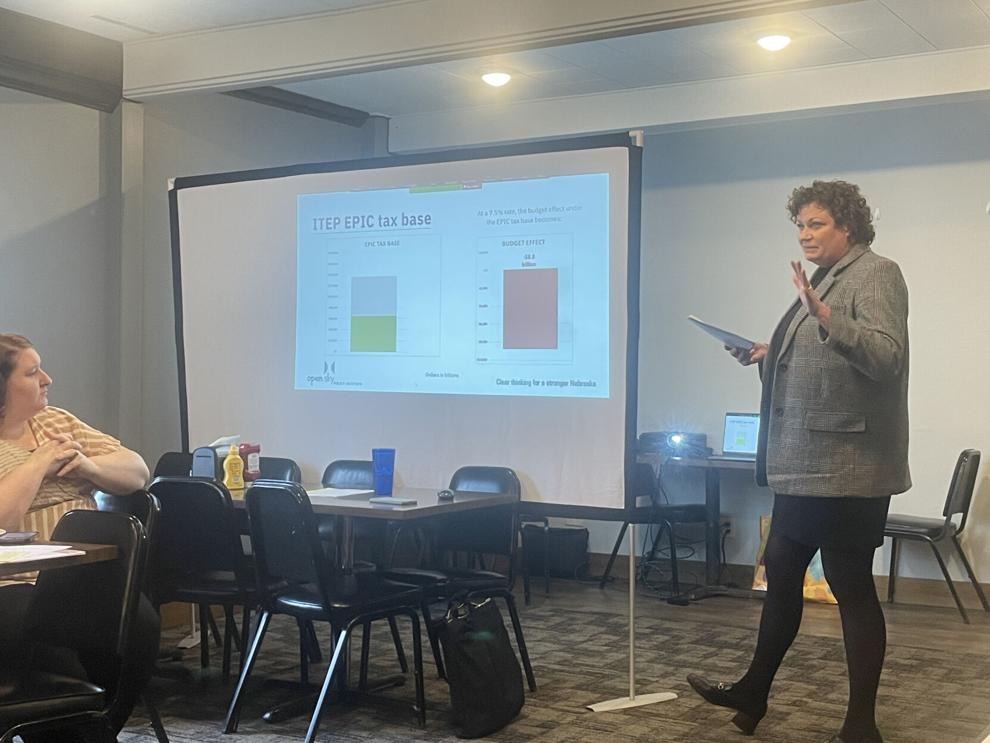 Tiffany Friesen Milone, deputy director of Lincoln-based think tank OpenSky Policy Institute, spoke in Henderson on Monday about the EPIC tax option, which would replace all state income, property, inheritance and corporate taxes with a consumption tax and excise taxes.